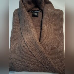 Cozy Taupe Brown Metallic Thread Sweater with Ribbed Collar